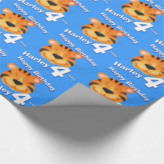 タイガー顔アートと名前ブルー4th誕生日ラップ ラッピングペーパー (角)