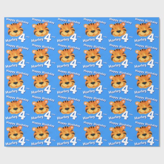 タイガー顔アートと名前ブルー4th誕生日ラップ ラッピングペーパー (フラット)