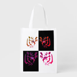 タイガー顔ブラック&ホワイトチェック再利用可能 エコバッグ