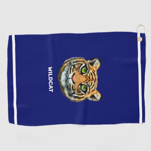 タイガー&ワイルドキャット文字オンネイビーブルー&ホワイトストライプズ ゴルフタオル (横)