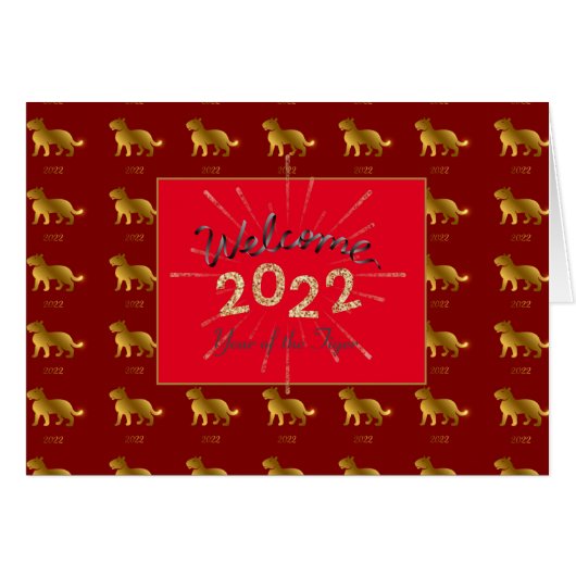 タイガー〔占星術の〕十二宮図ウェルカム2022カスタム金ゴールドグリッターカード (正面横)
