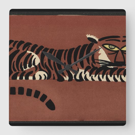 タイガー – 古代カラフル書イラストレーション スクエア壁時計 (正面)