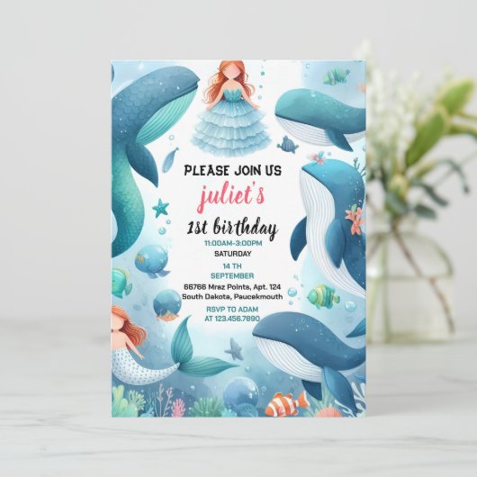 タイクールムフィッシュシーブルーホエールシャーク1歳の誕生日 招待状 (スタンド正面)