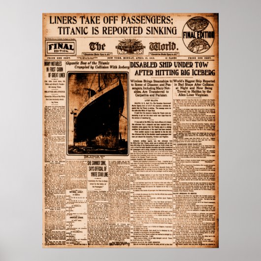 タイタニック号が沈下ヴィンテージ紙に掲載 ポスター (正面)