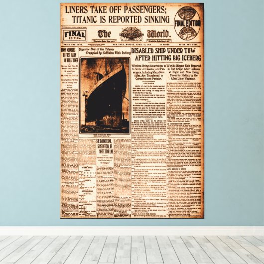 タイタニック号が沈没する海中のセピアヴィンテージと報じられている キャンバスプリント (インサイチュ (ウッドフロア))