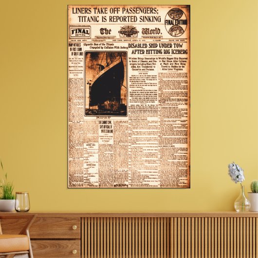 タイタニック号が沈没する海中のセピアヴィンテージと報じられている キャンバスプリント (インサイチュ (リビング))