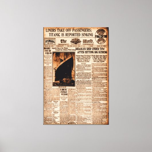 タイタニック号の沈没が報告される セピア ヴィンテージ 海事 キャンバスプリント (正面)