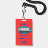 タイタニック誕生日招待状赤白星船 バッジ (正面（ネックストラップ付）)