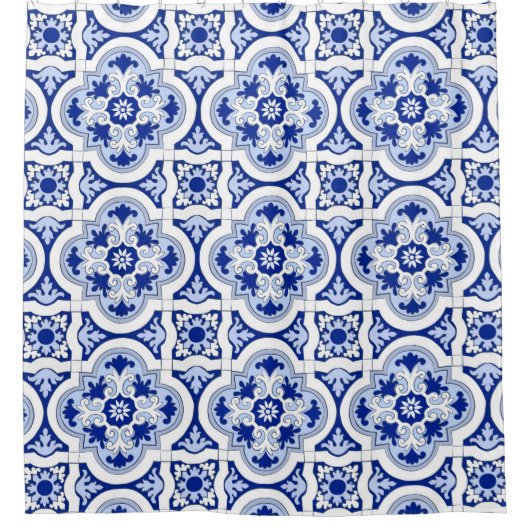 タイタリアンイル，マジョリカ，青と白の模様  シャワーカーテン (正面)