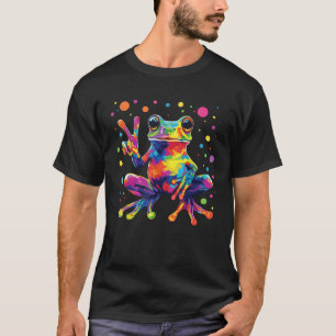 タイダイ染めのカエル ピースサイン ヒッピースタイル かわいい 水玉模様 Tシャツ