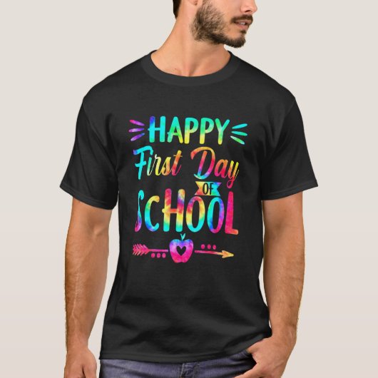 タイダイ染めの学生と紅茶で祝う学校の初日 Tシャツ (正面)