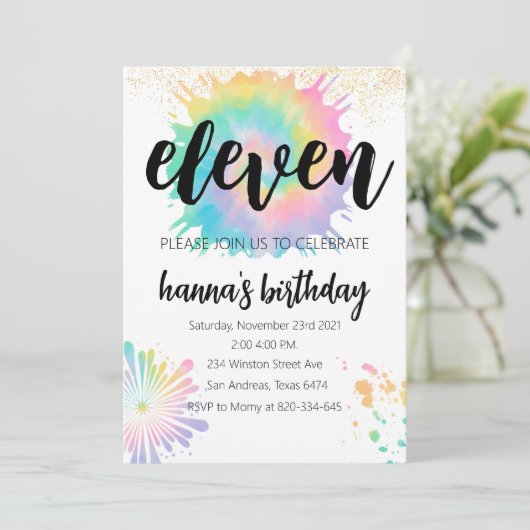 タイダイ誕生日招待状金ゴールド招待状レインボ 招待状 (スタンド正面)