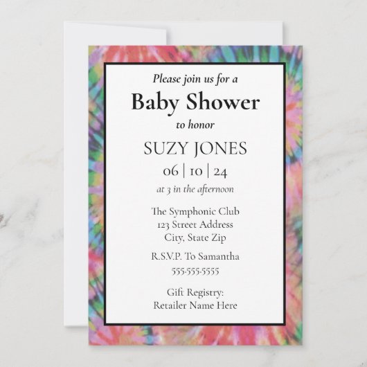 タイダイ カラフル レインボー ヒッピーベイビーシャワー 招待状 (正面)