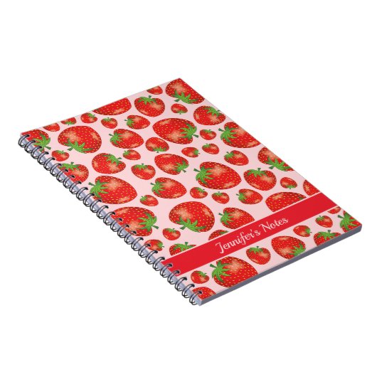 タイトルまたは名前カスタム付きのイチゴのパターン ノートブック (右側)