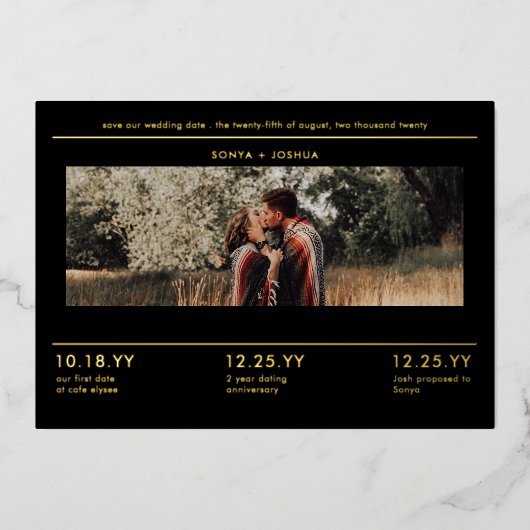 タイトルモダンミニマルブロック写真の保存日付 箔招待状 (正面)