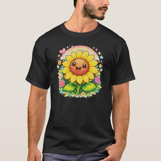 🌻 タイトル かわいい 笑顔 ひまわり 虹色 ガーデン Tシャツ (正面)