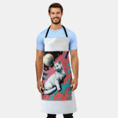 **タイトル:**「ささやきウィムシー:猫の熱狂プリント」 エプロン (着用した状態)