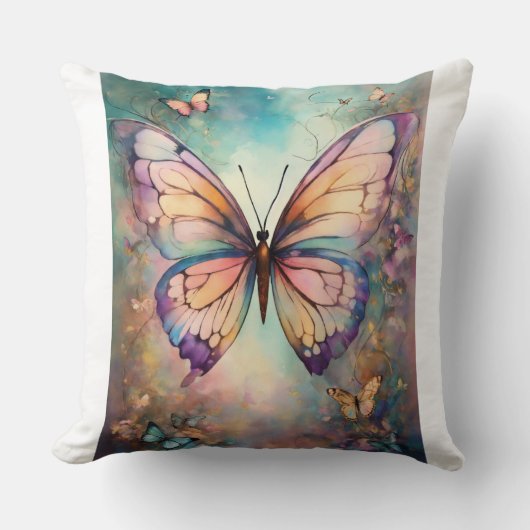 タイトル： 「ウィスパリング・ウィングス：手描き蝶の雨 クッション (正面)