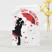 タイトル: バレンタインの恋人たち - ハッピーな傘の下のロマンチックカップル カード (黄色い花)