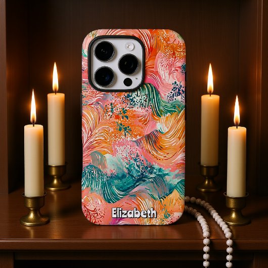 タイトル:「大洋海流:抽象芸術ティール(緑がかった色)とオレンジ Case-Mate iPhoneケース