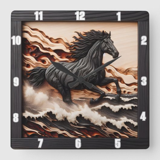 タイトル:威厳のあるギャロップ:木彫りスタイル馬 スクエア壁時計 (正面)