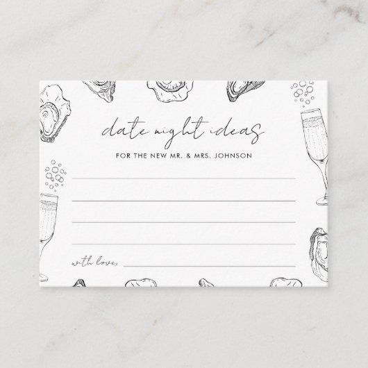 タイトル：貝殻に描かれた牡蠣のデートナイトアイデアとブライダルシャワーのデザイン エンクロージャーカード (正面)