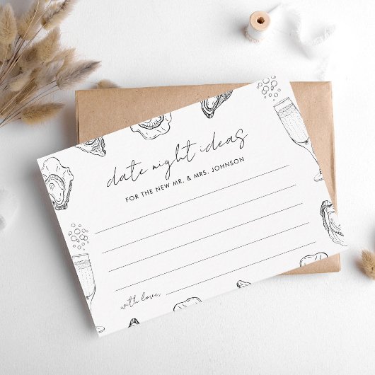 タイトル：貝殻に描かれた牡蠣のデートナイトアイデアとブライダルシャワーのデザイン エンクロージャーカード