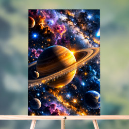 タイトル 銀河のオデッセイ 土星と宇宙の星雲アート アクリルサイン