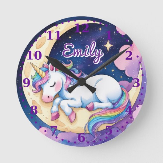 タイトル： Moon Unicorn Wall Clock – 編集可能な名前 ラウンド壁時計 (正面)