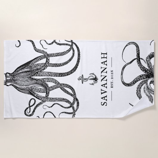タイドテンタクルズ |タコをテーマにした名前をカスタムする ビーチタオル (正面)