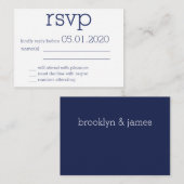 タイニーモノグラムのネイビーブルーモダンウェディングRSVP エンクロージャーカード (正面/裏面)