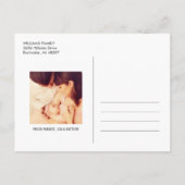 タイプモダンベビーガールフォトホワイト文字誕生 案内ポストカード (裏面)