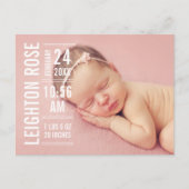 タイプモダンベビーガールフォトホワイト文字誕生 案内ポストカード (正面)