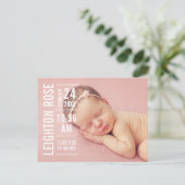タイプモダンベビーガールフォトホワイト文字誕生 案内ポストカード (スタンド正面)