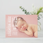 タイプモダンベビーガールフォトホワイト文字誕生 案内状 (スタンド正面)