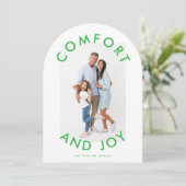 タイプモダン心地よいジョイ写真クリスマスアーチカード 招待状 (スタンド正面)