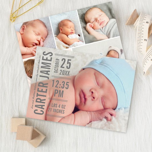 タイプモダン男の赤ちゃんフォトグレー文字誕生 案内状