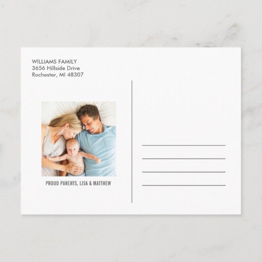 タイプモダン男の赤ちゃんフォトホワイト文字誕生 案内ポストカード (裏面)