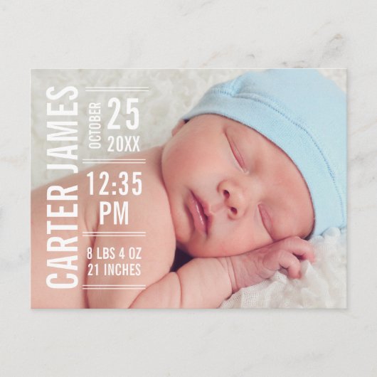 タイプモダン男の赤ちゃんフォトホワイト文字誕生 案内ポストカード (正面)