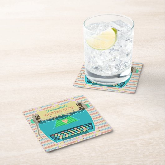 タイプライターのレトロの執筆部屋は名前をカスタムするを書きます スクエアペーパーコースター (インサイチュ)