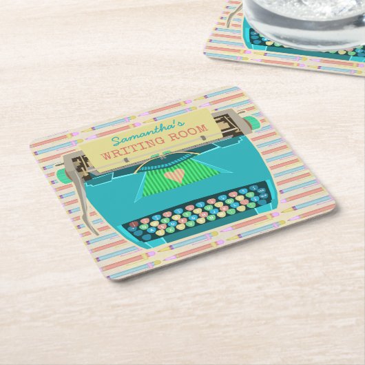 タイプライターのレトロの執筆部屋は名前をカスタムするを書きます スクエアペーパーコースター (アングル)