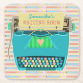 タイプライターのレトロの執筆部屋は名前をカスタムするを書きます スクエアペーパーコースター (正面)