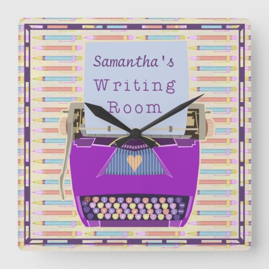タイプライターの執筆部屋のパーソナライズな作家の紫色 スクエア壁時計 (正面)