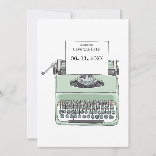 タイプライターの本をテーマにしたウェディング セーブザデート (正面)