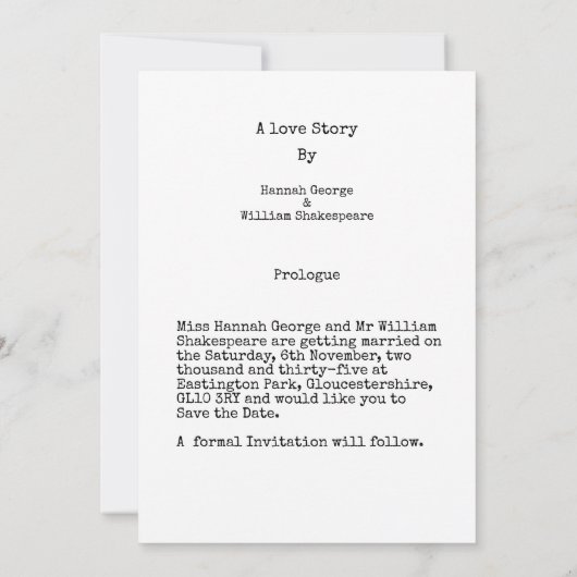 タイプライターの本をテーマ結婚にした セーブザデート (裏面)