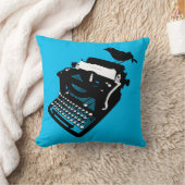 タイプライターの枕(青い背景)の鳥 クッション (ブランケット)