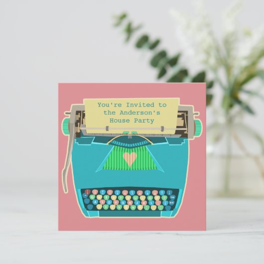 タイプライターキュートレトロモダンパーソナライズされたパーティー 招待状 (スタンド正面)