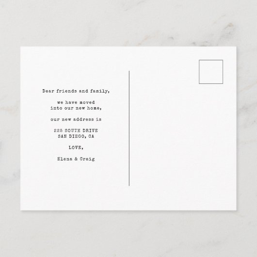 タイプライターシンプルフォントの写真の移動の発表 ポストカード (裏面)