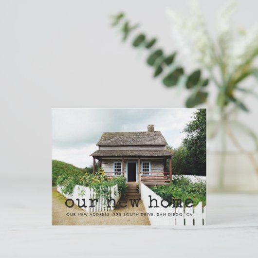 タイプライターシンプルフォントの写真の移動の発表 ポストカード (スタンド正面)