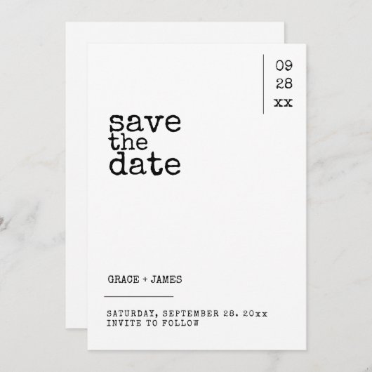 タイプライターシンプルミニマルタイポグラフィ結婚ズ セーブザデート (正面/裏面)